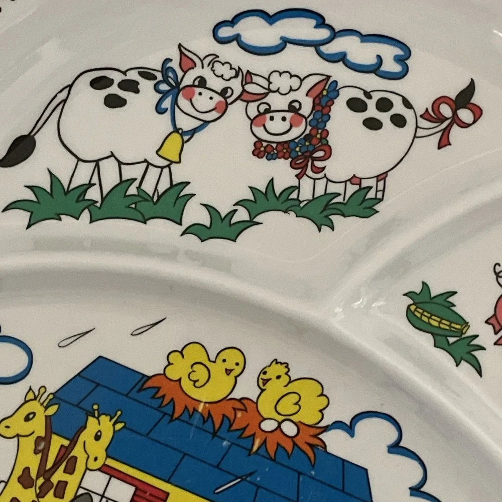 Vintage Anacapa Melamine Divided Children's Plate Noah's Ark Animals Hearts
